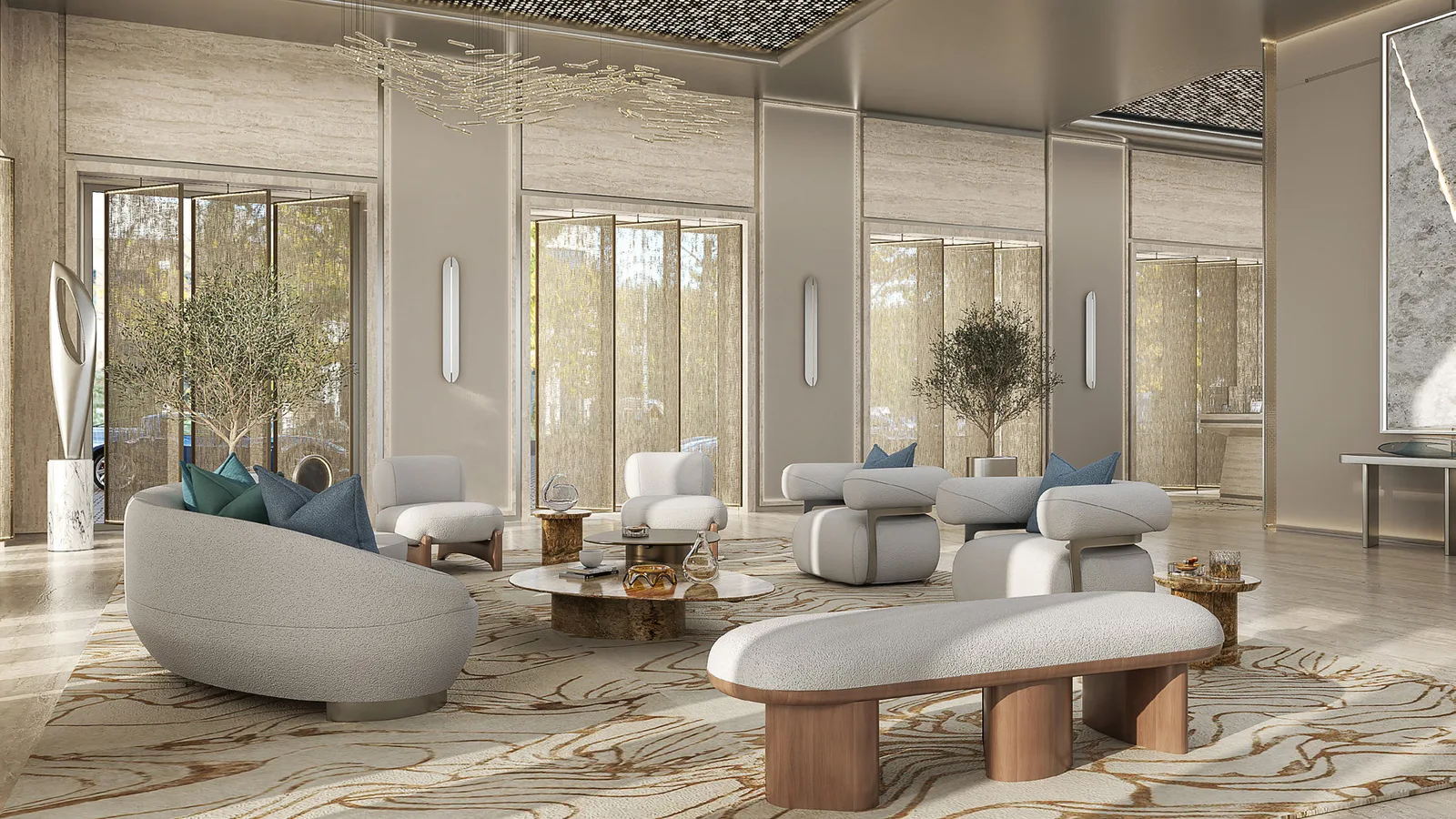 AHS Tower reception lounge with curved sofas, full-height windows and landscaped views