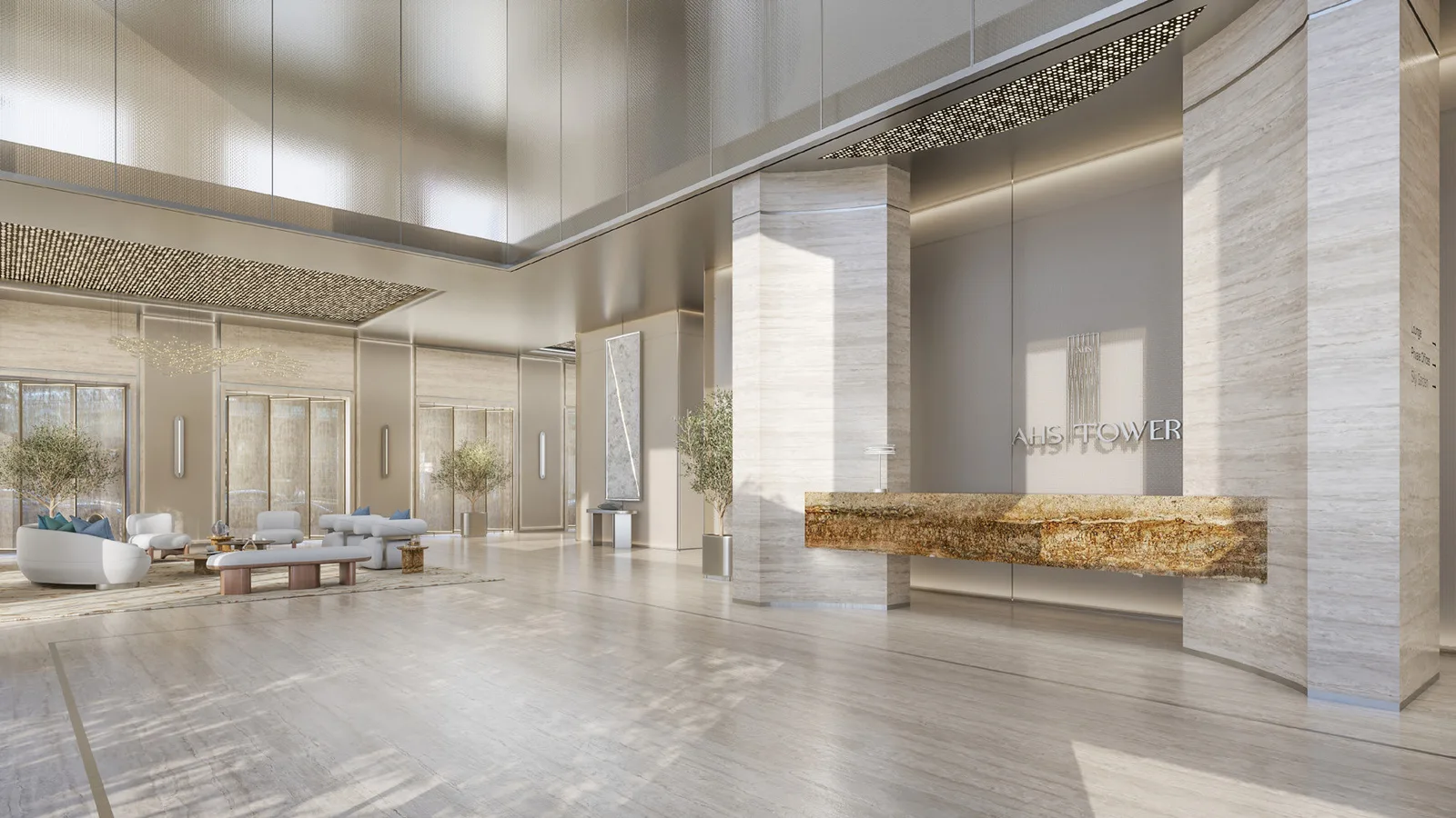 AHS Tower signature ground-floor lobby with a travertine reception desk and lounge seating