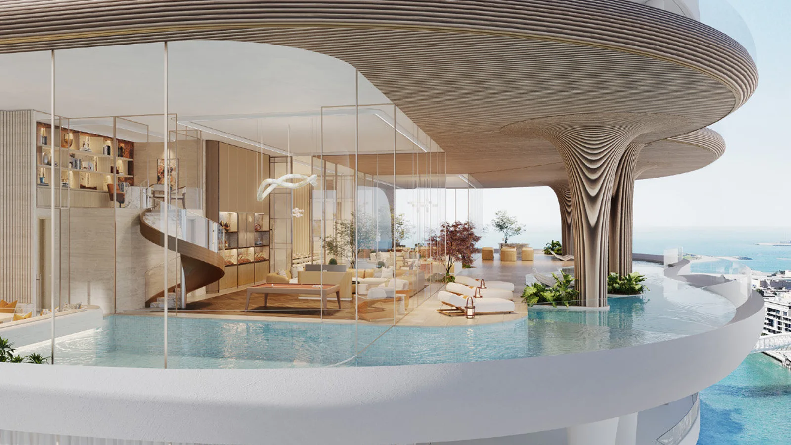 Casa AHS double-height residence great room with a sculptural staircase opening onto a private infinity pool