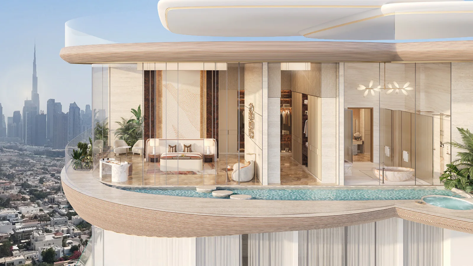 Casa AHS primary bedroom opening onto a private infinity-edge pool terrace with Burj Khalifa skyline views