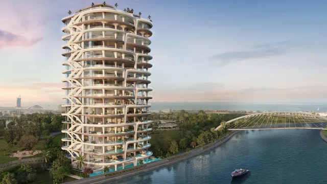 Casa AHS sculptural residential tower with stacked curved balconies on the Dubai Water Canal, Dubai