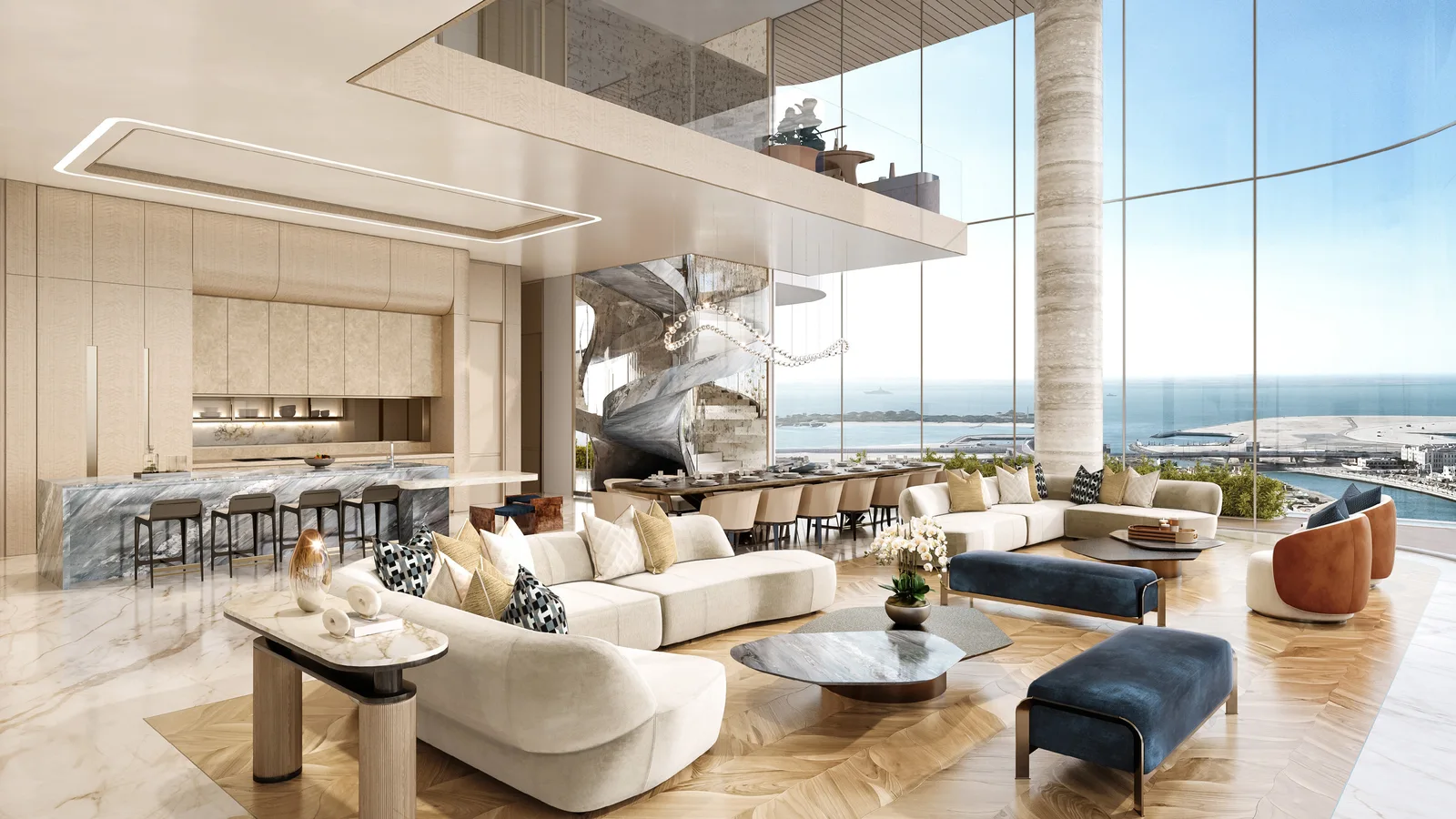 Casa Canal double-height living room with Fendi Casa interiors, a sculptural staircase and canal views