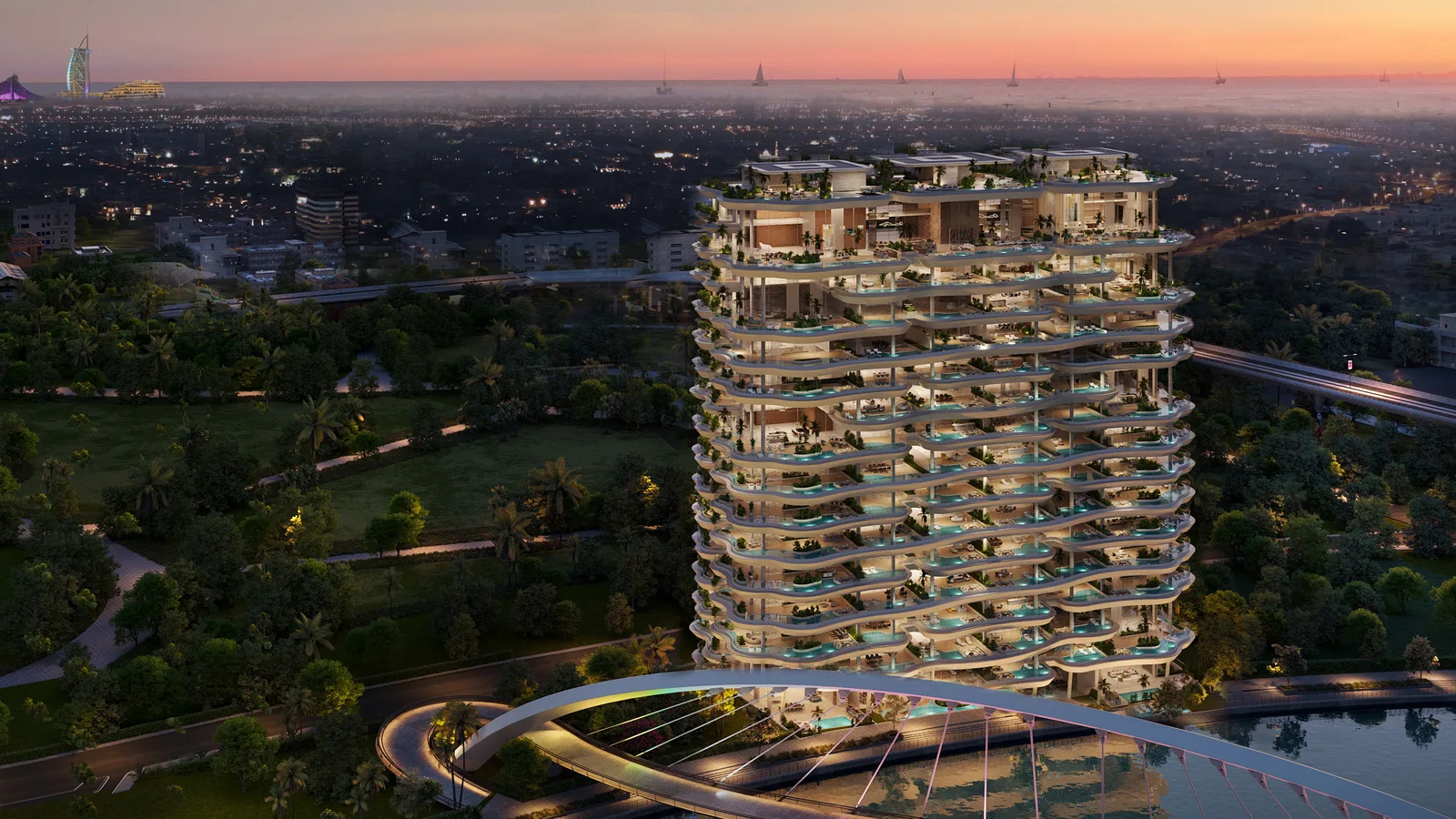 Casa Canal sculptural tower at dusk on the Dubai Water Canal with stacked private-pool balconies, Dubai
