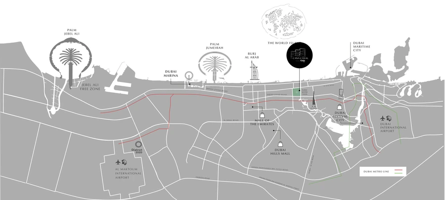 Casa Canal location on the Dubai Water Canal adjacent to Safa Park, shown on a Dubai-wide map with the project pinned and key landmarks