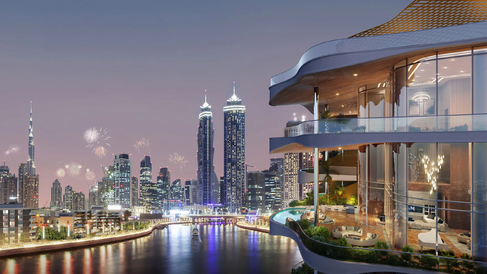 One Canal tower at night on the Dubai Water Canal with private-pool balconies and the Burj Khalifa skyline
