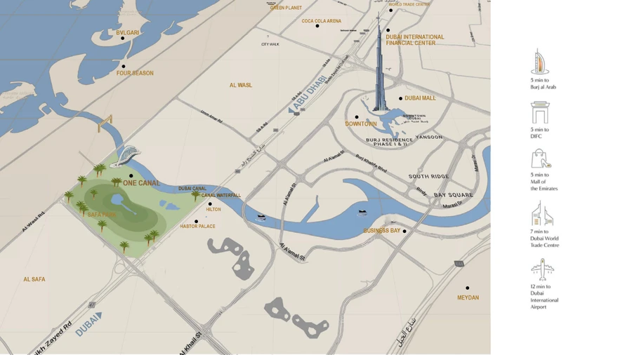 One Canal location map showing the project pinned beside Safa Park on the Dubai Water Canal, with Downtown, DIFC and Burj Khalifa nearby and drive times to key landmarks