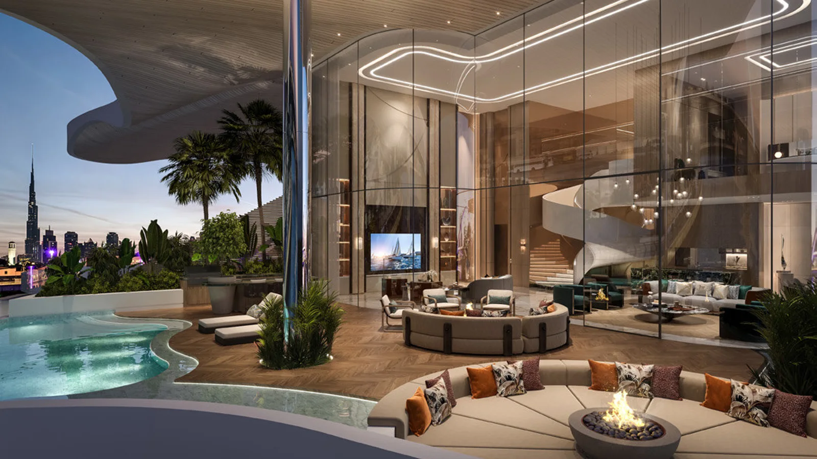One Canal penthouse great room with a sculptural staircase, fire pit and private infinity pool overlooking the Burj Khalifa