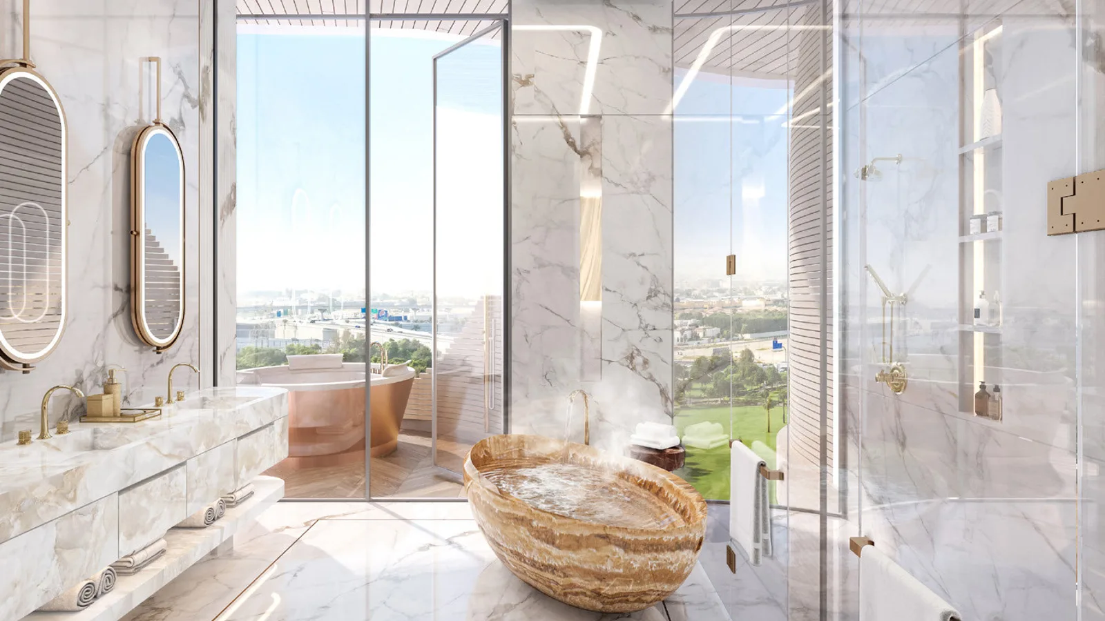 One Canal primary bathroom with marble walls, an onyx freestanding tub and Safa Park views