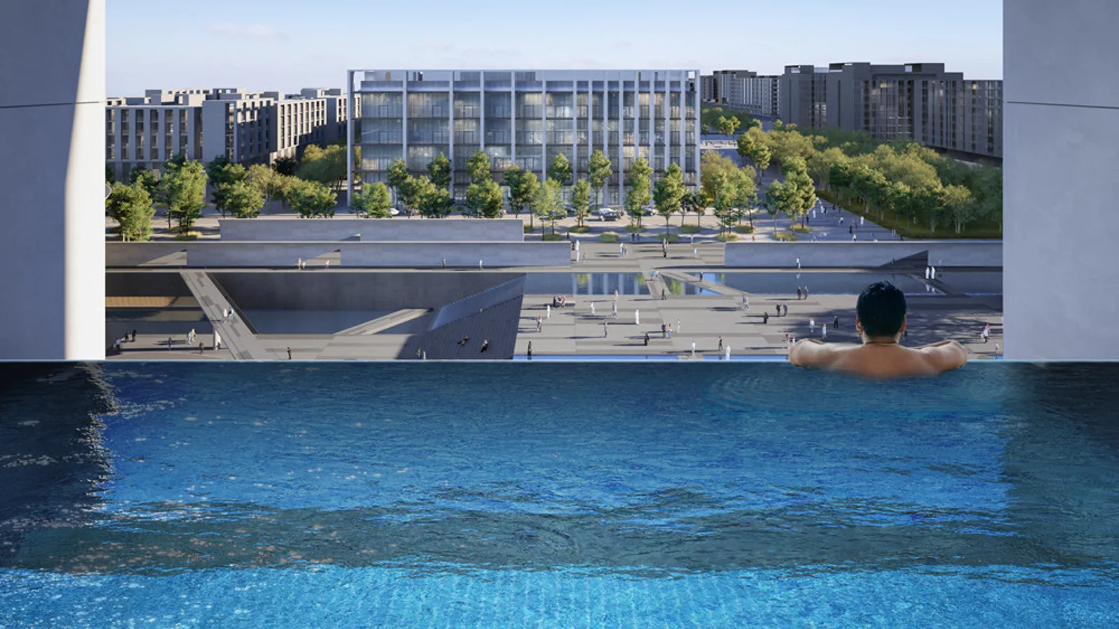 Il Teatro Residences infinity pool overlooking the Aljada central plaza