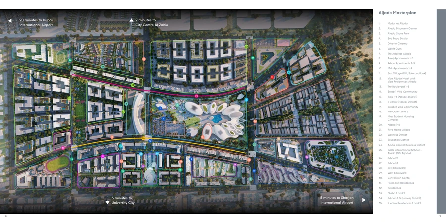 Aljada master plan with the Il Teatro 1 plot pinned, New Sharjah
