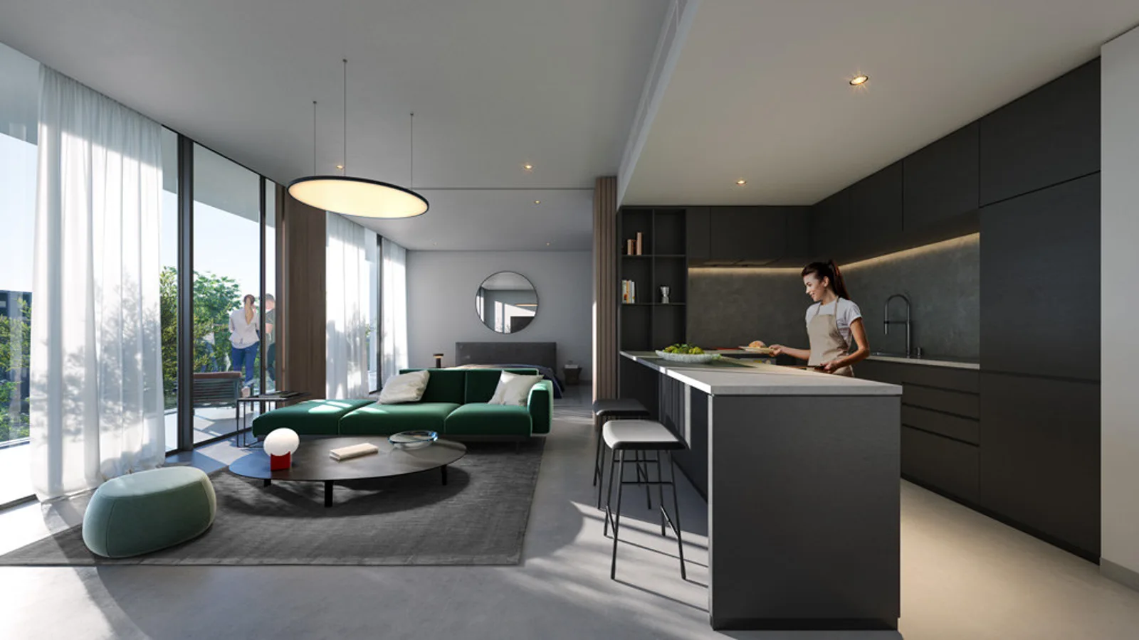 Il Teatro Residences one-bedroom open living and kitchen with floor-to-ceiling windows