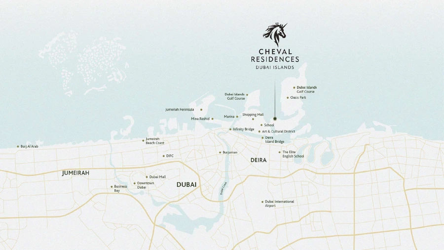 Cheval Residences location map showing the project pinned on Dubai Islands, Dubai, with nearby landmarks and connectivity to Deira, Downtown Dubai, DIFC and the airport