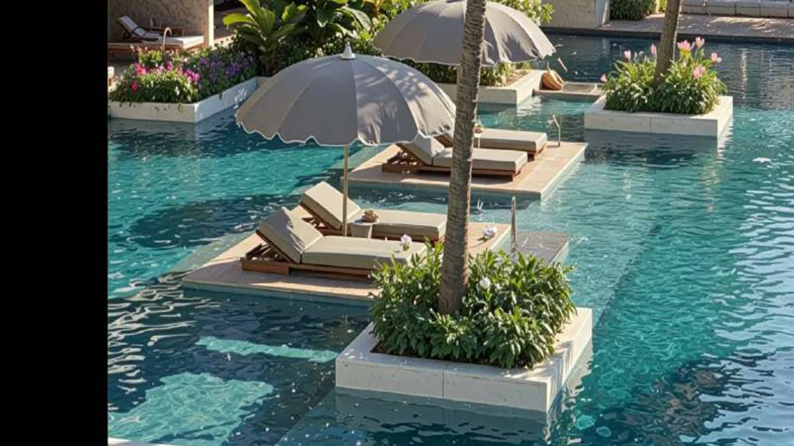 Cheval Residences resort pool with floating cabana loungers and landscaped islands