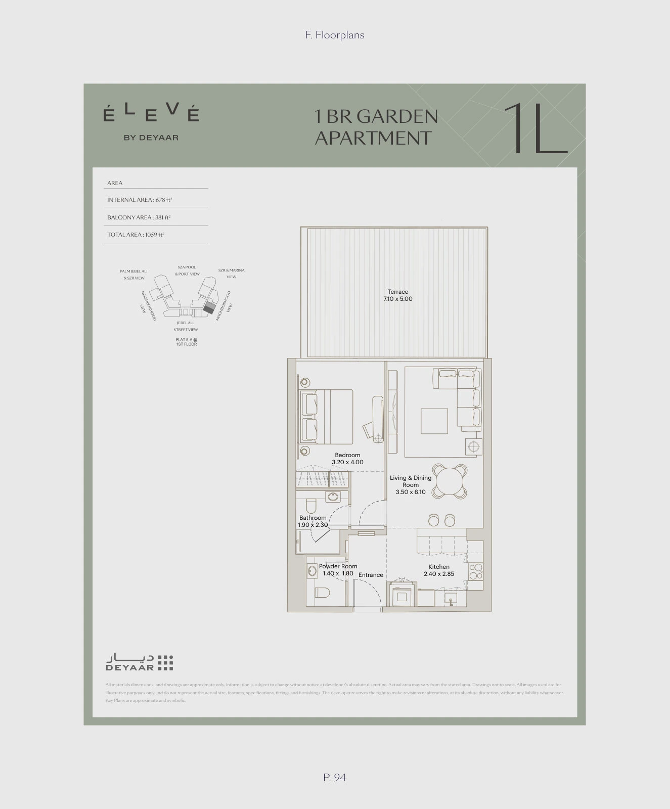 Floor plan for 1 Bedroom Garden – Type 1L