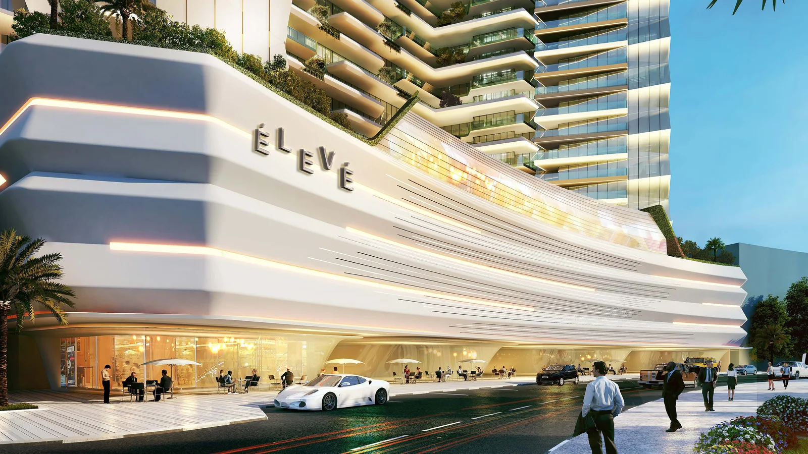Grand portecochère and illuminated arrival drop-off at Élevé by Deyaar