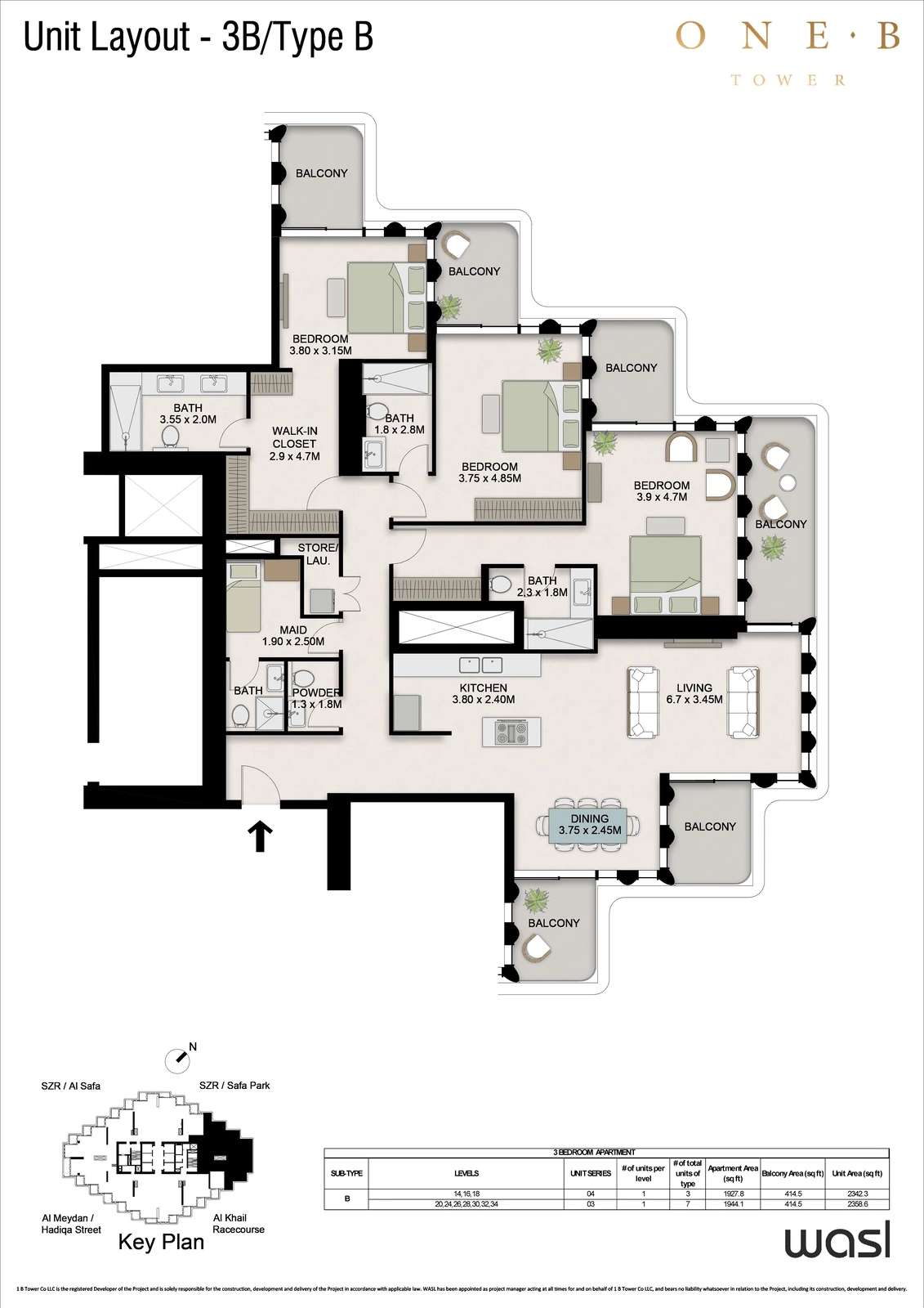 Floor plan for 3 Bedroom + Maid – Type B