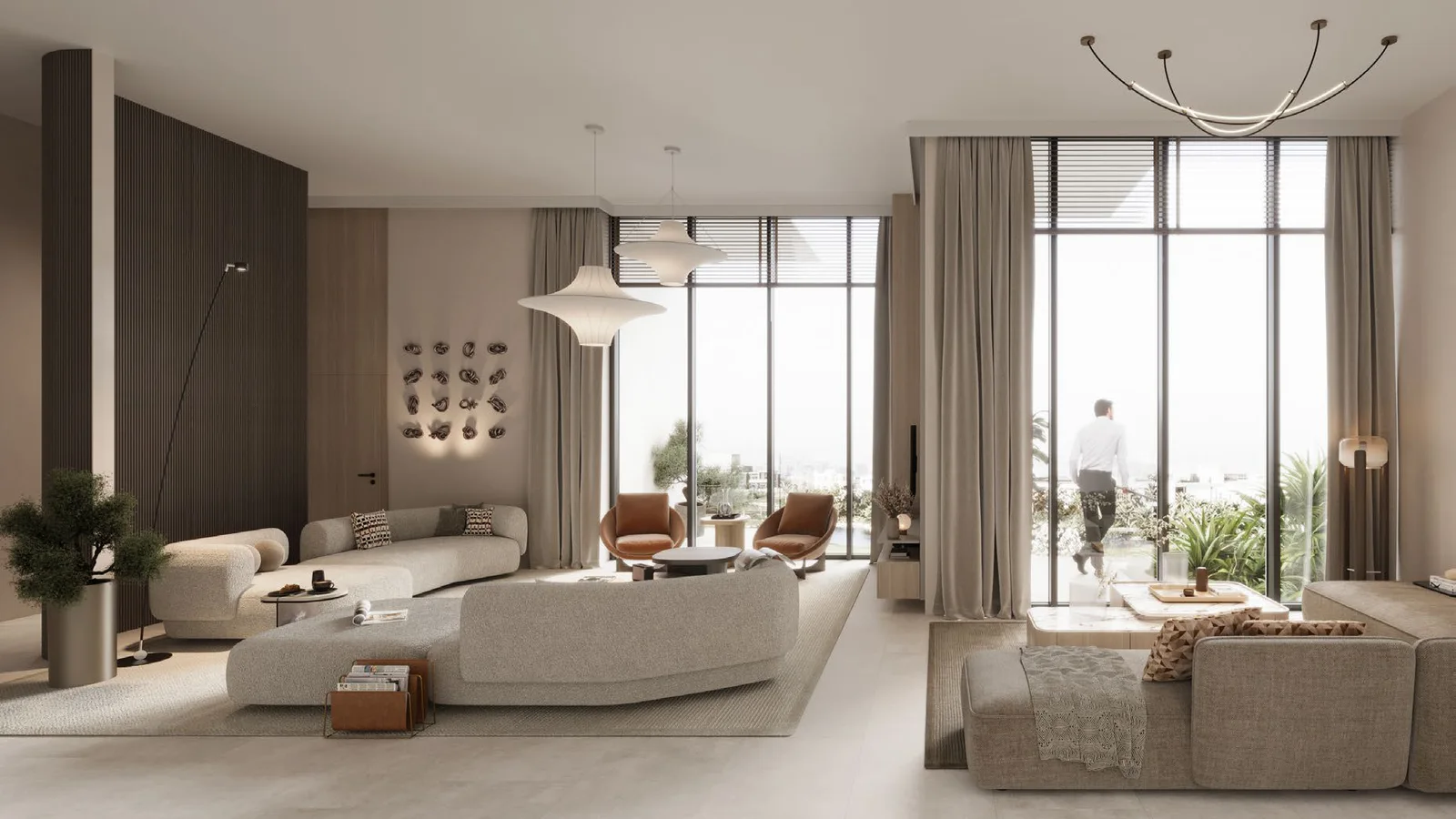 Living space at One B Tower with floor-to-ceiling windows and skyline views