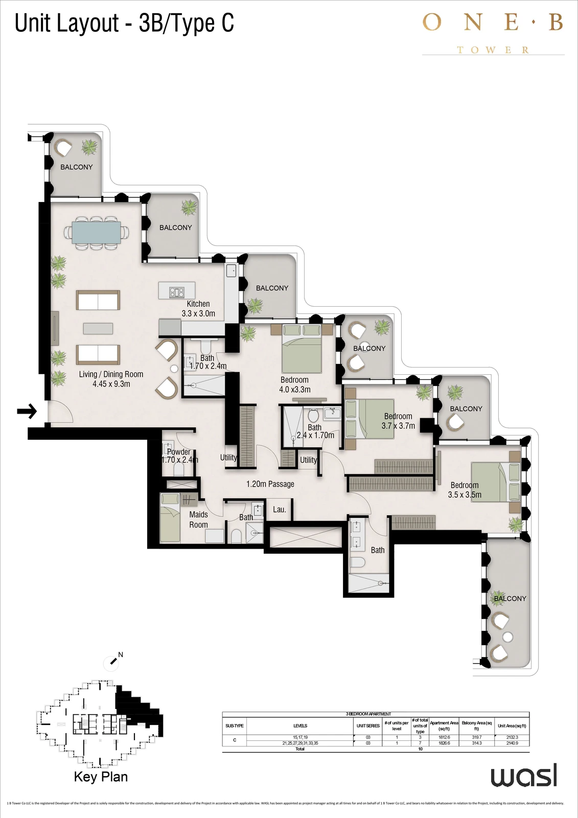 Floor plan for 3 Bedroom + Maid – Type C