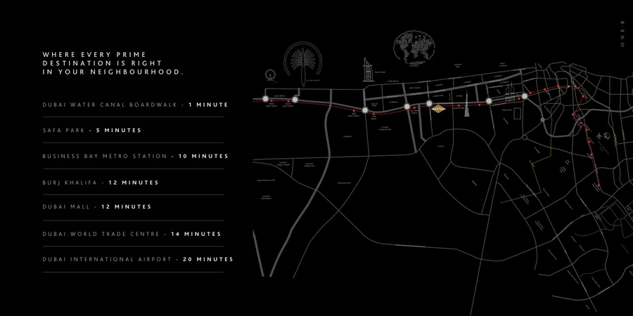 Location and connectivity map of One B Tower on Sheikh Zayed Road, Dubai, showing its position by the Dubai Water Canal and Safa Park with drive times to Burj Khalifa, Dubai Mall and Dubai International Airport