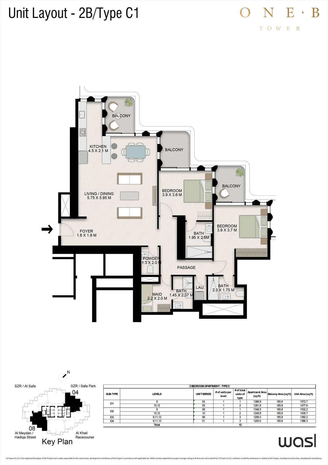 Floor plan for 2 Bedroom + Maid – Type C1