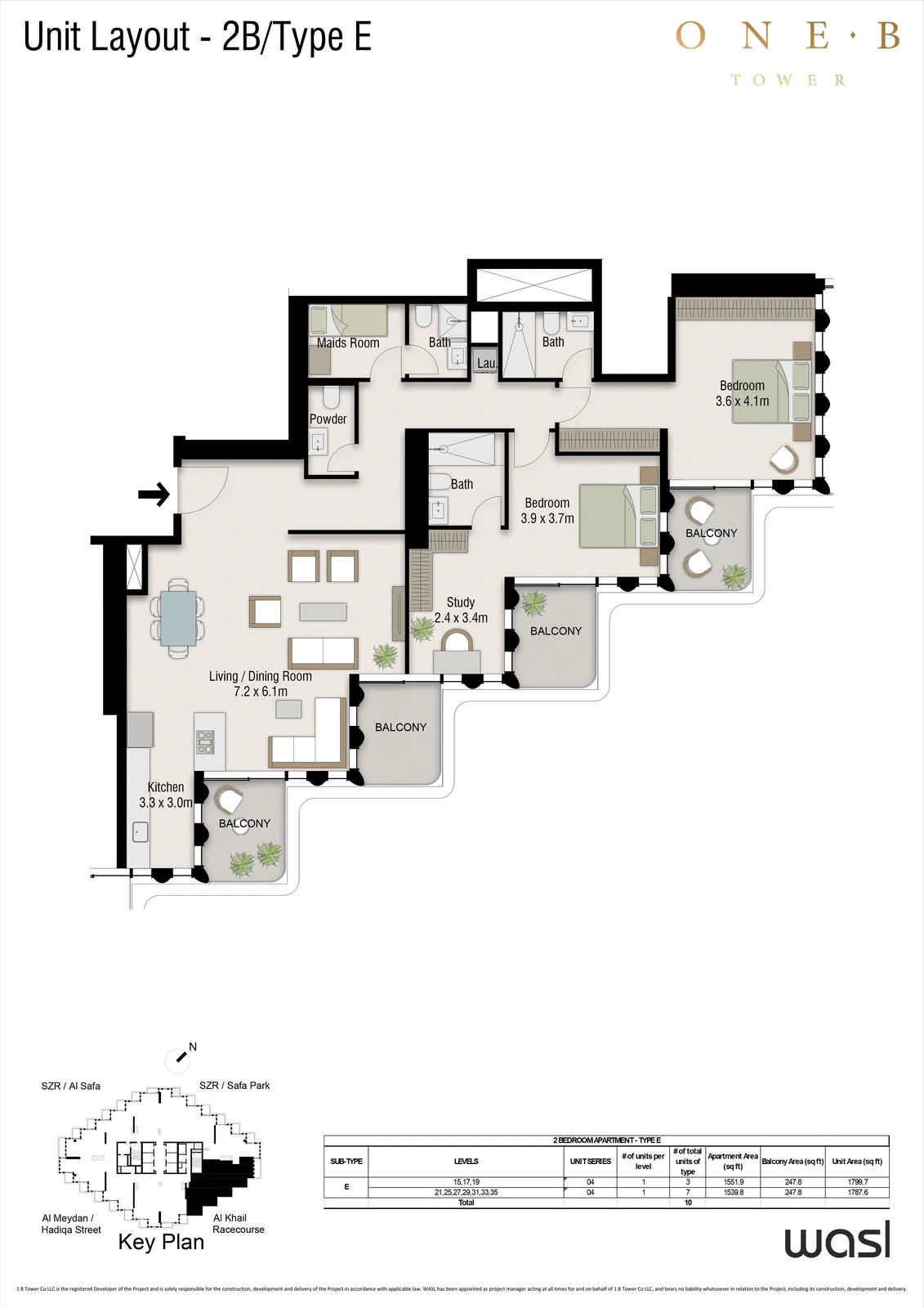 Floor plan for 2 Bedroom + Maid – Type E