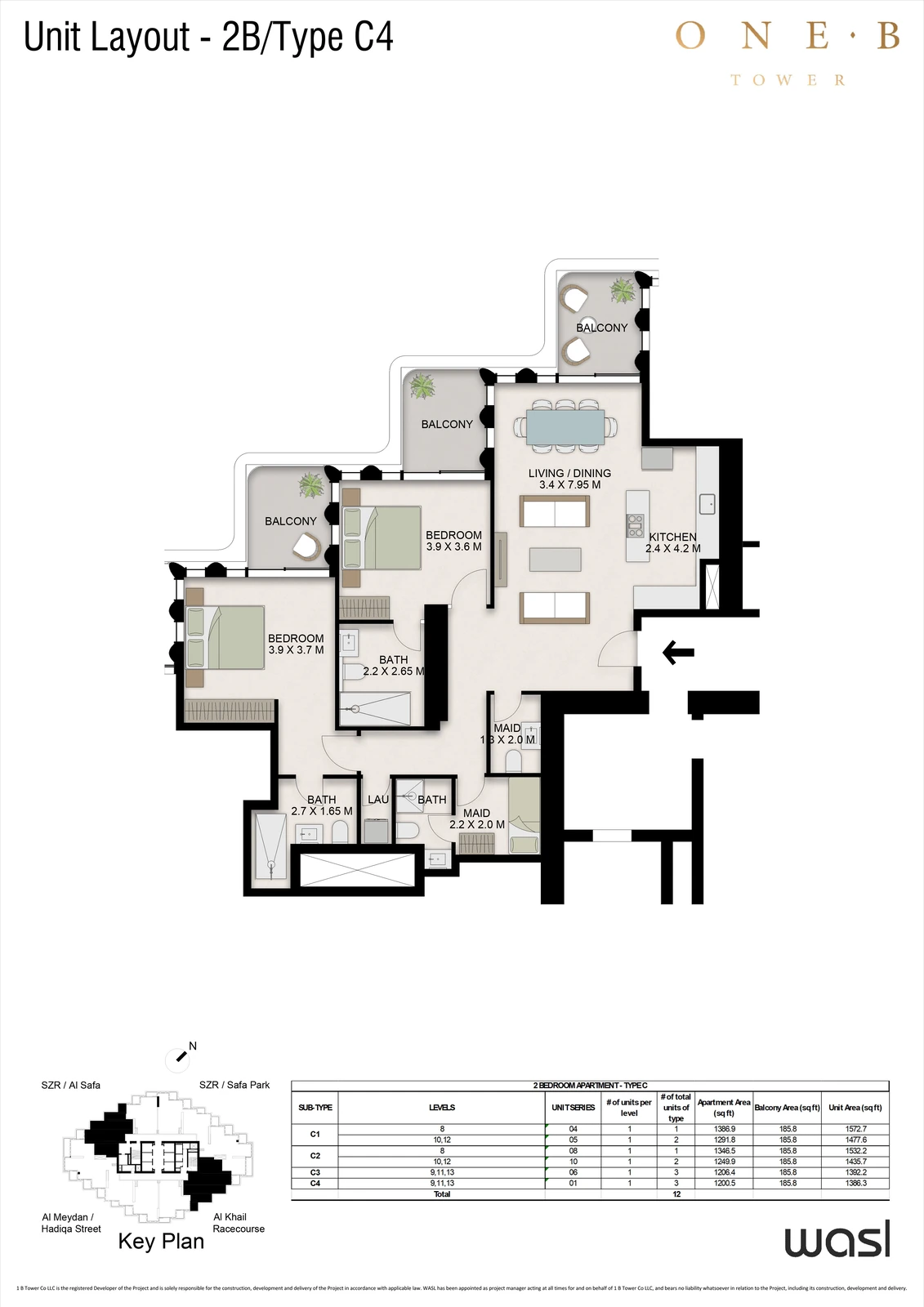 Floor plan for 2 Bedroom + Maid – Type C4