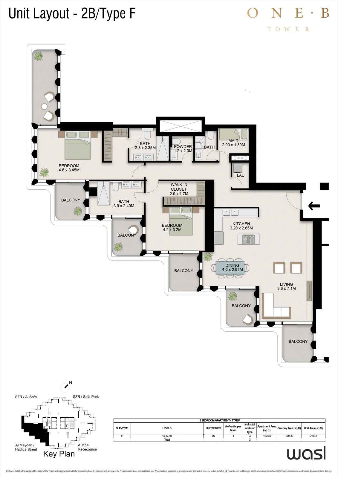 Floor plan for 2 Bedroom + Maid – Type F