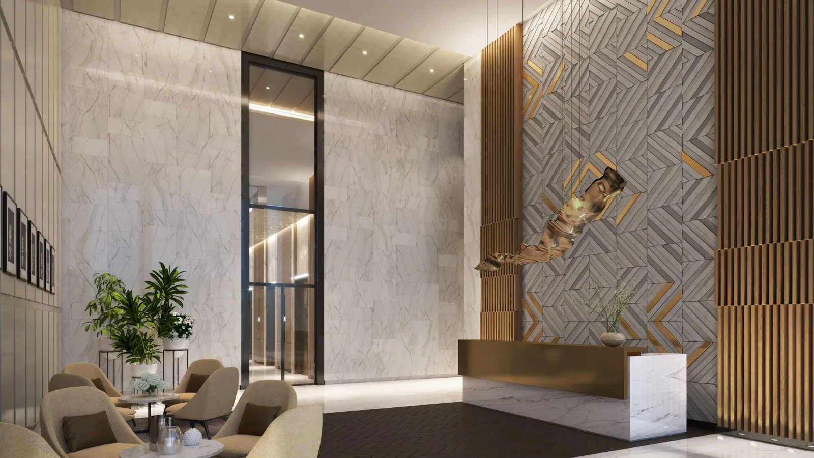 Marble residents' lobby and reception at 1 Residences