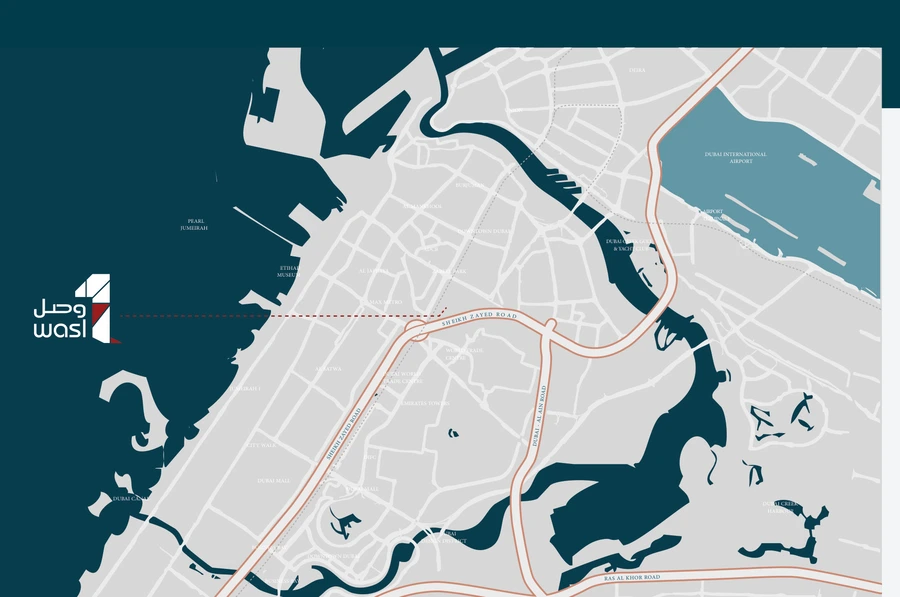 Location map of 1 Residences in the wasl1 masterplan, Dubai, showing its position by Zabeel Park and Sheikh Zayed Road relative to Downtown Dubai, DIFC, Dubai Mall and Dubai International Airport