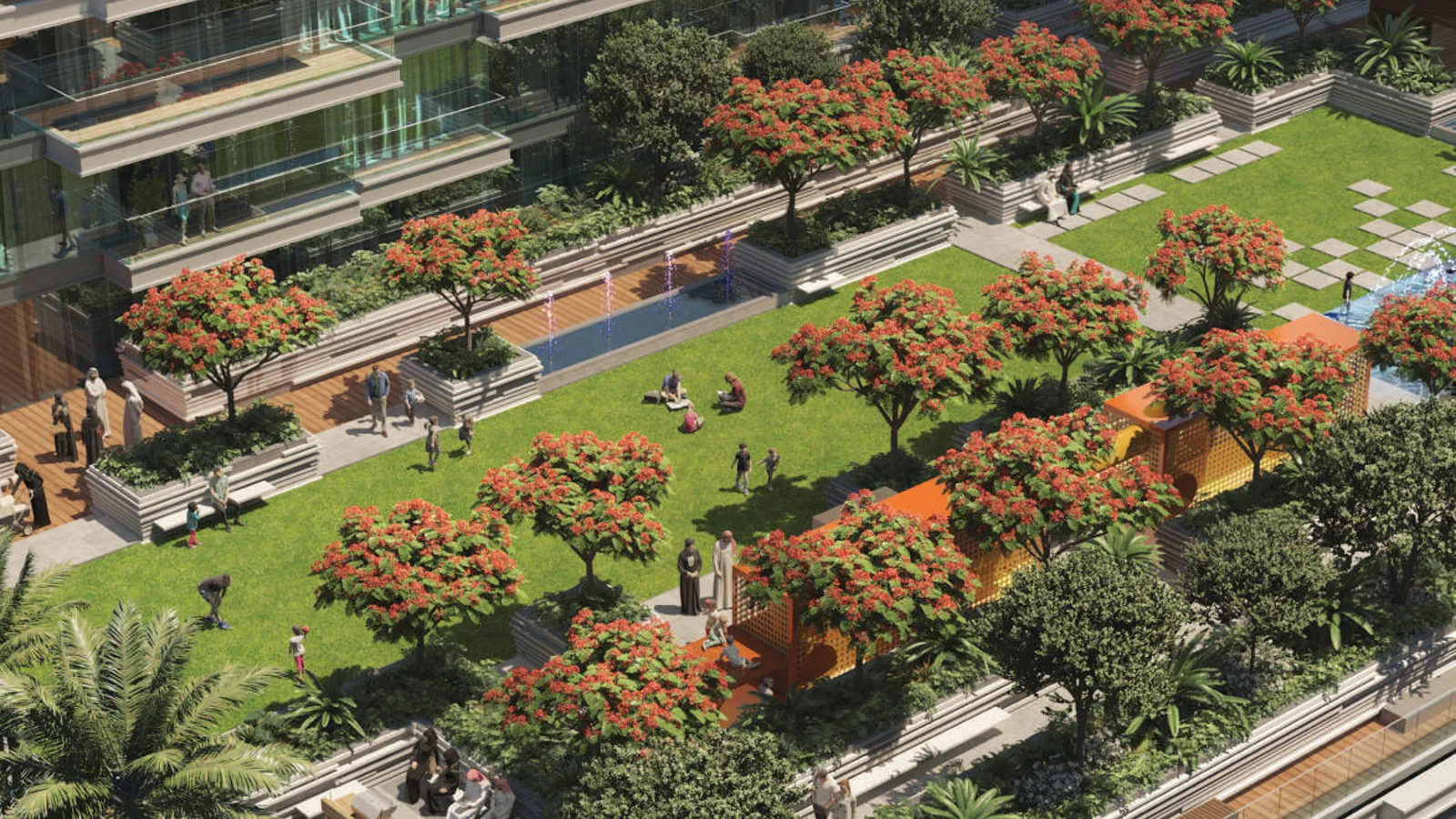 Aerial view of 1 Residences beside Zabeel Park with the podium gardens and Max Metro line