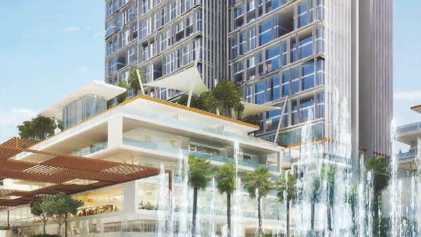 The twin towers of 1 Residences by wasl rising over the landscaped podium at wasl1, Dubai