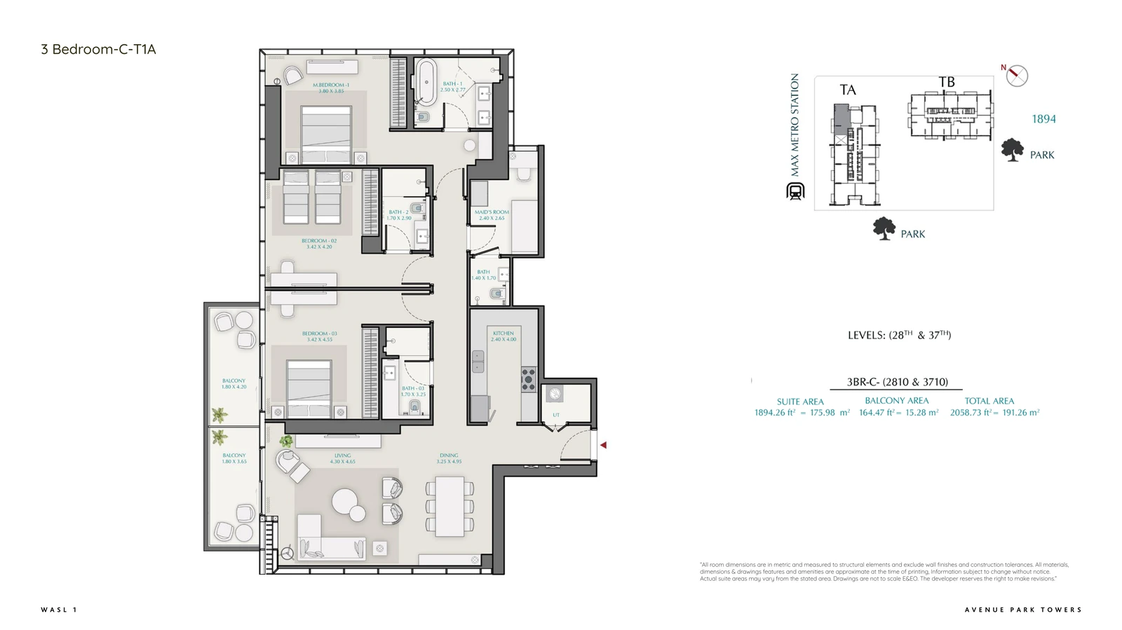 Floor plan for 3 Bedroom + Maid – Type C