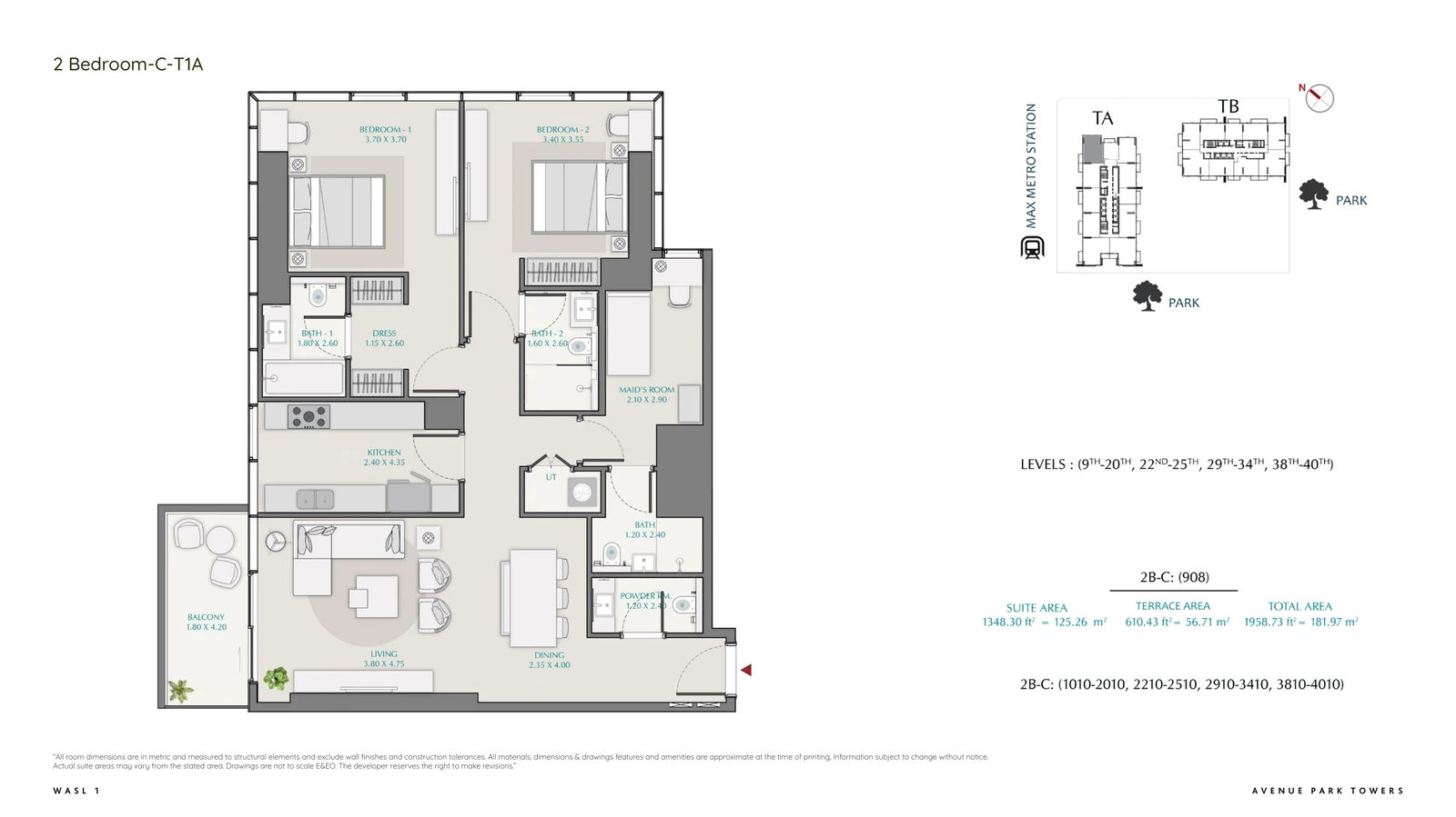 Floor plan for 2 Bedroom + Maid – Type C