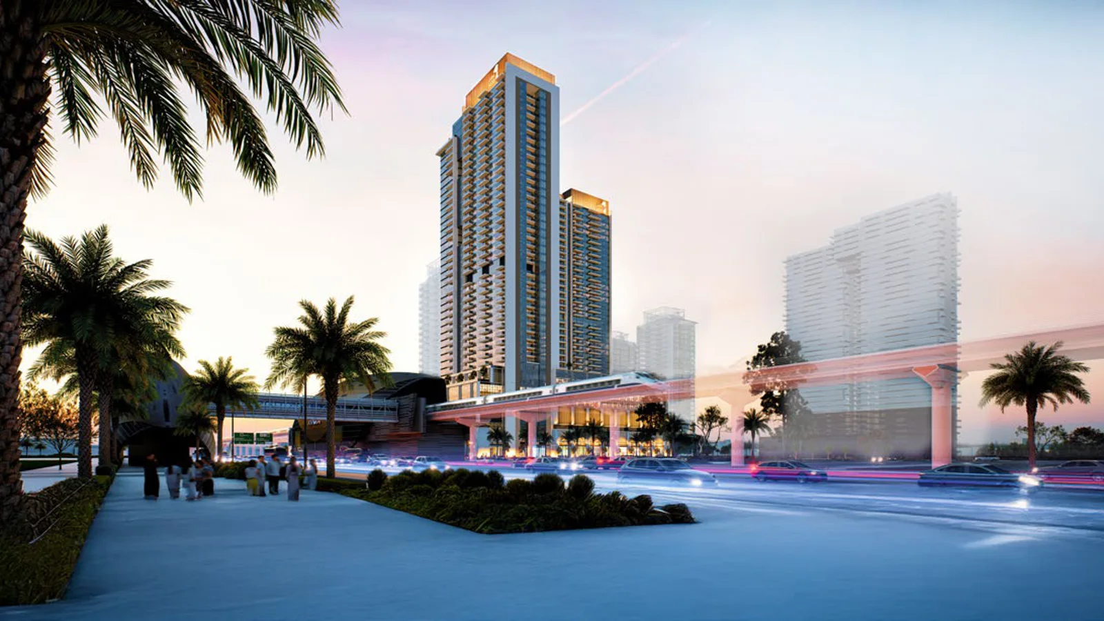 The twin towers of Avenue Park Towers by wasl at dusk, with the landscaped plaza and Max Metro line at wasl1, Dubai