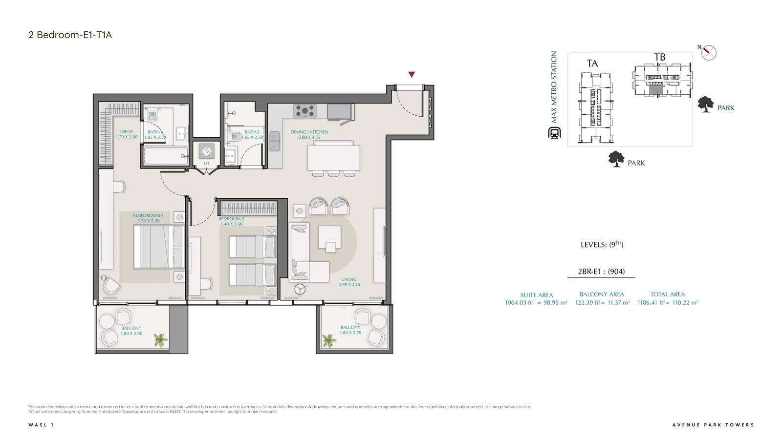 Floor plan for 2 Bedroom – Type E1