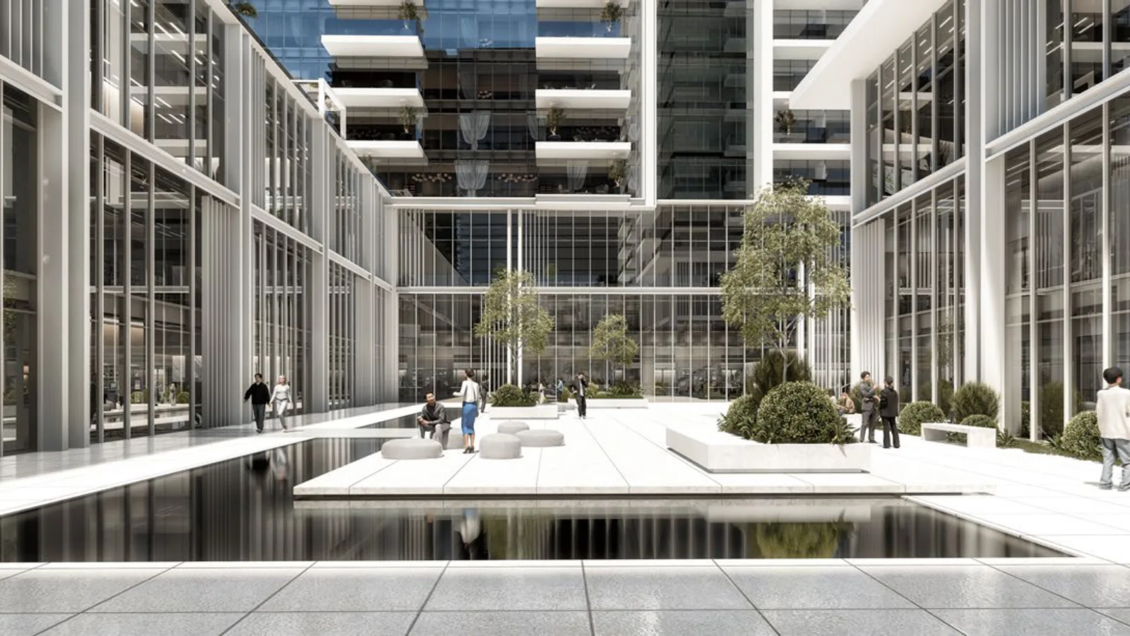 Landscaped podium courtyard with a reflecting water feature between the towers at Avenue Park Towers, Dubai