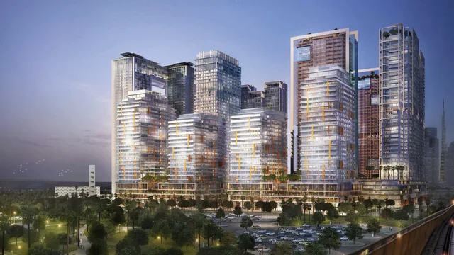 The wasl1 towers of Park Gate Residences by wasl at dusk, overlooking Zabeel Park with the Dubai skyline beyond