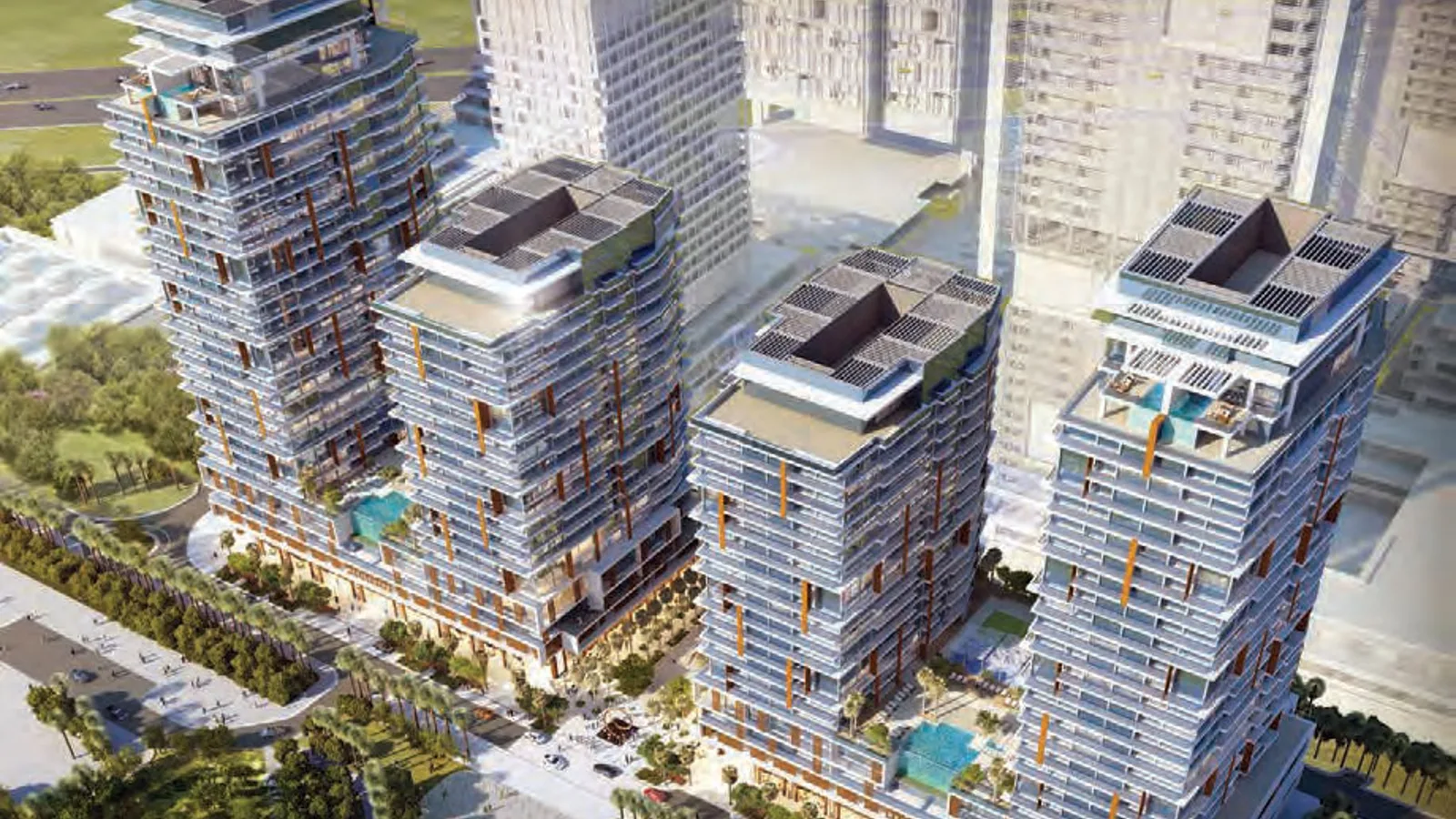 Aerial view of the four Park Gate Residences towers with rooftop pools and podium at wasl1, Dubai