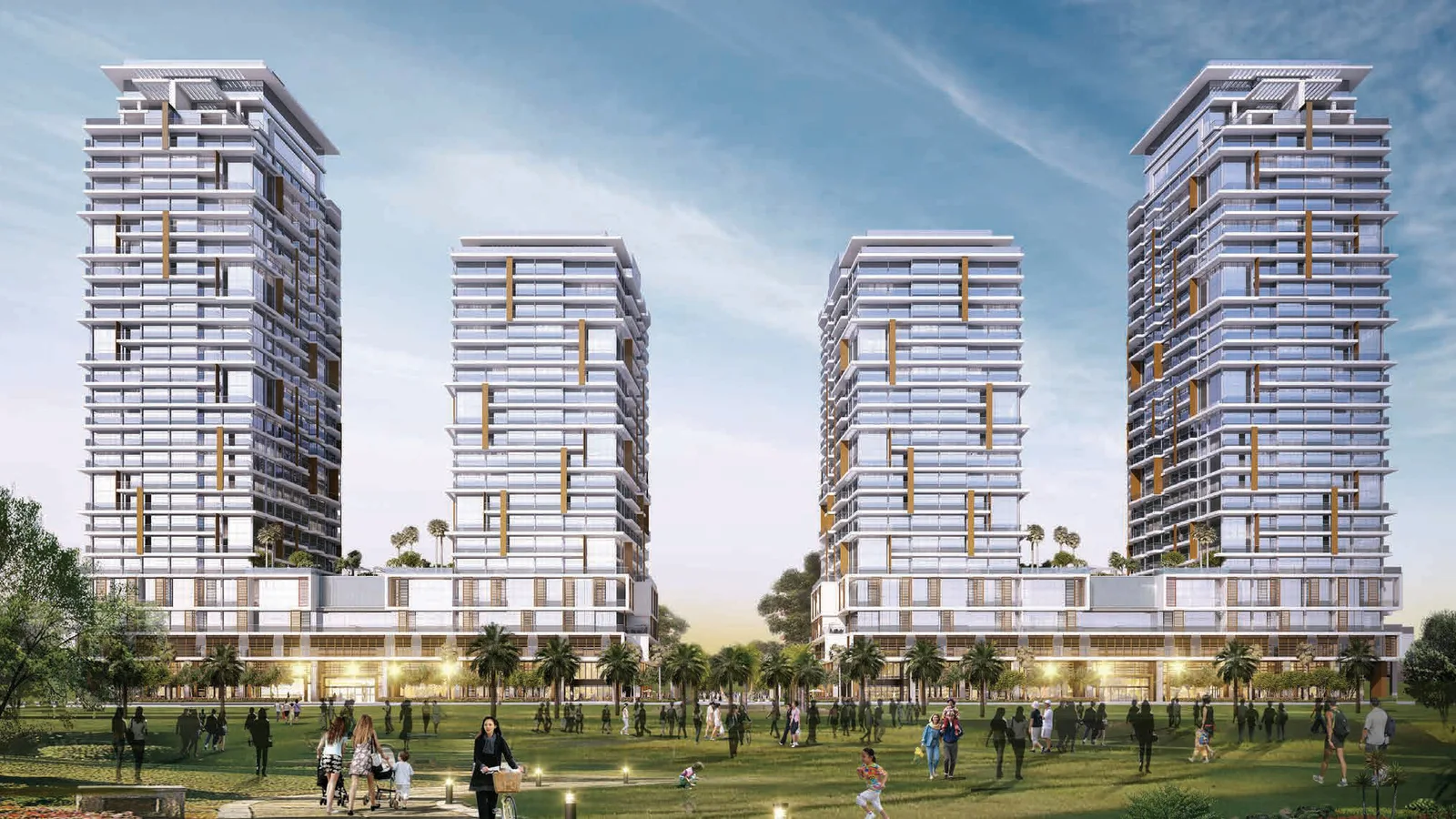 The four Park Gate Residences towers seen from the lawns of Zabeel Park, Dubai