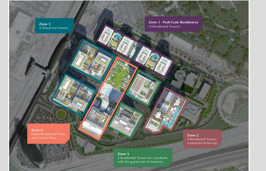 Masterplan aerial of the wasl1 community, Dubai, with Zone 1 – Park Gate Residences (four residential towers) highlighted beside Zabeel Park and Sheikh Zayed Road