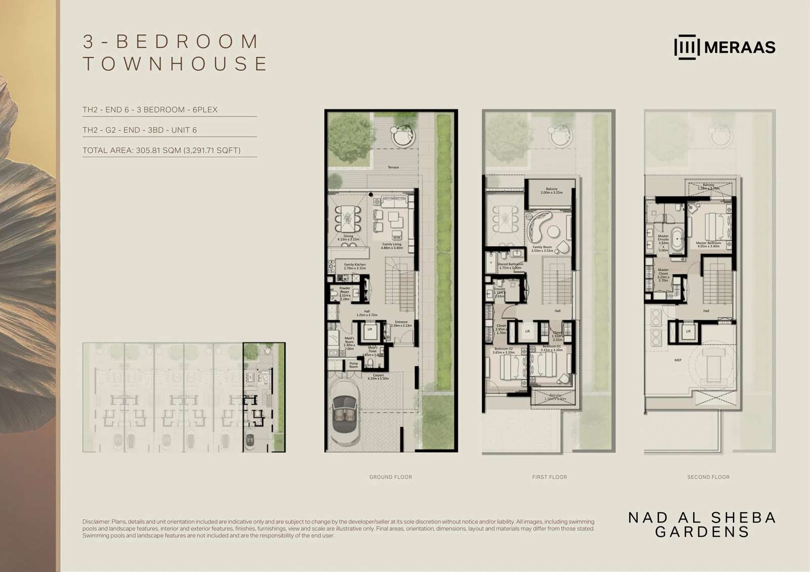 Floor plan for 3 Bedroom Townhouse – TH-2 (6-Plex) End Unit 6