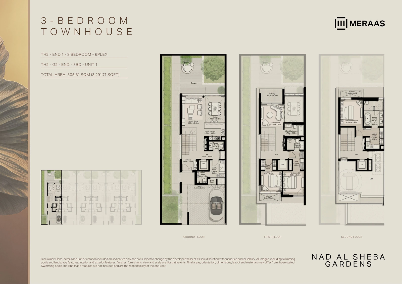Floor plan for 3 Bedroom Townhouse – TH-2 (6-Plex) End Unit 1