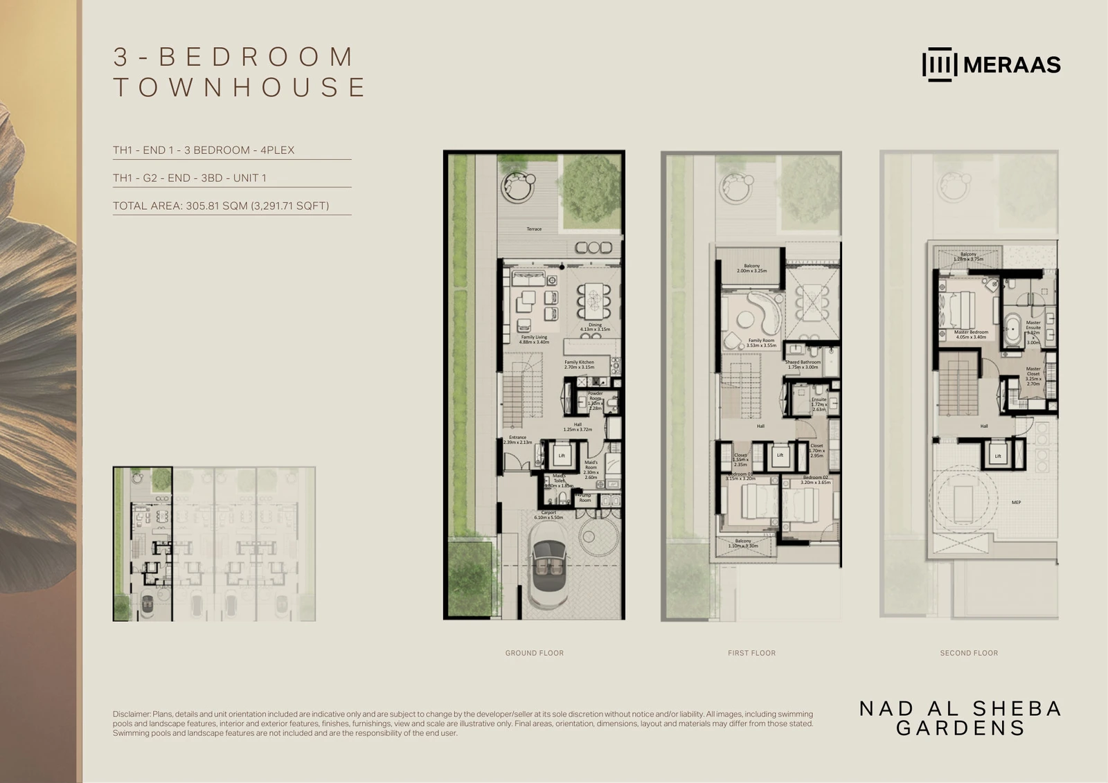 Floor plan for 3 Bedroom Townhouse – TH-1 (4-Plex) End Unit 1