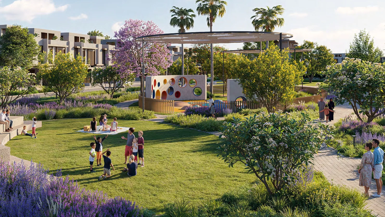 Children's play area set in the landscaped park at Nad Al Sheba Gardens Phase 11, Dubai