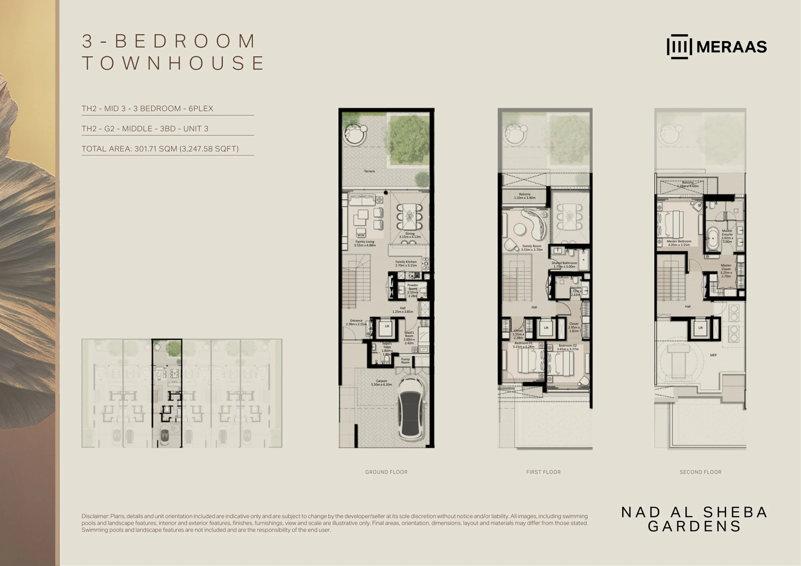 Floor plan for 3 Bedroom Townhouse – TH-2 (6-Plex) Middle Unit 3