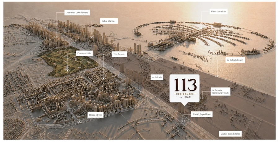 Location map of 113 Residences by Iman in Al Sufouh, Dubai, pinned on an aerial of the area with drive times to Sheikh Zayed Road, Al Sufouh Beach, Palm Jumeirah, Dubai Marina, Mall of the Emirates and Downtown Dubai