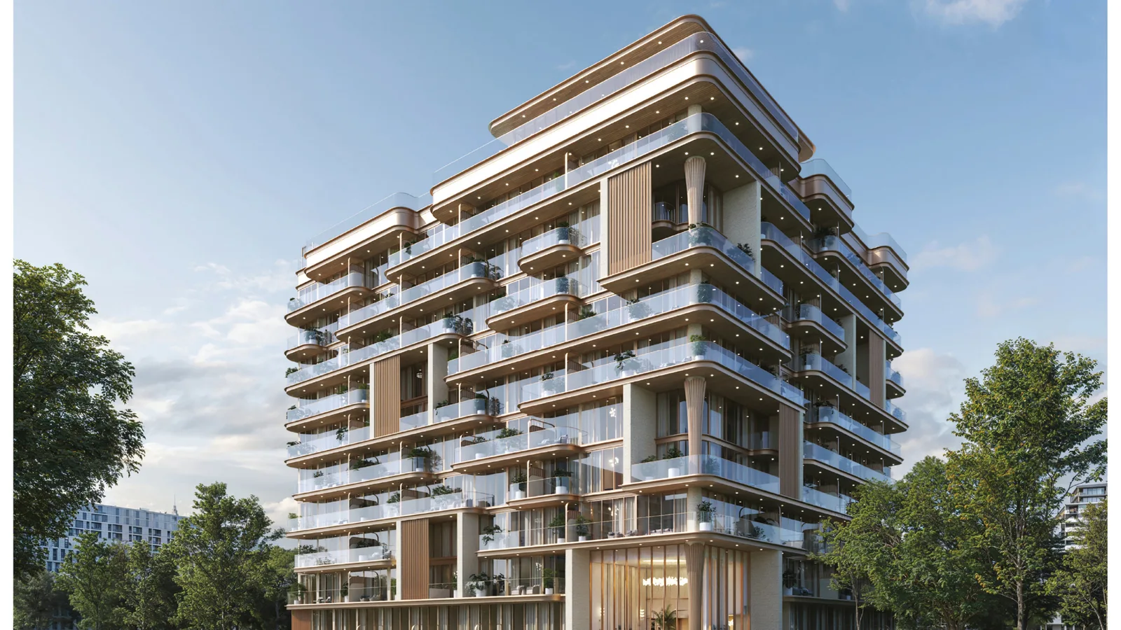 Exterior of 113 Residences by Iman in Al Sufouh, Dubai, with curved terraces and floor-to-ceiling glazing