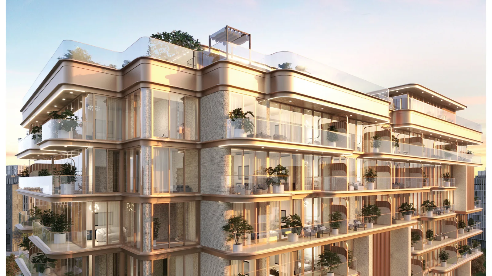 Close-up of the layered balconies and terraces of 113 Residences at golden hour, Al Sufouh, Dubai
