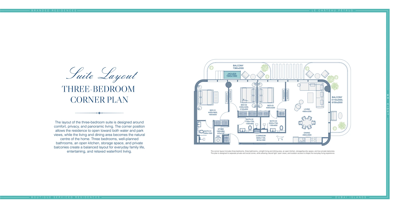 Floor plan for 3 Bedroom Suite – Corner Plan