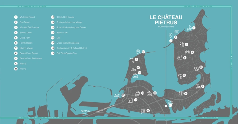 Dubai Islands master plan showing Le Château Piétrus pinned at the marina, with a numbered legend of the island's golf courses, beach clubs, marinas, mall and cultural district